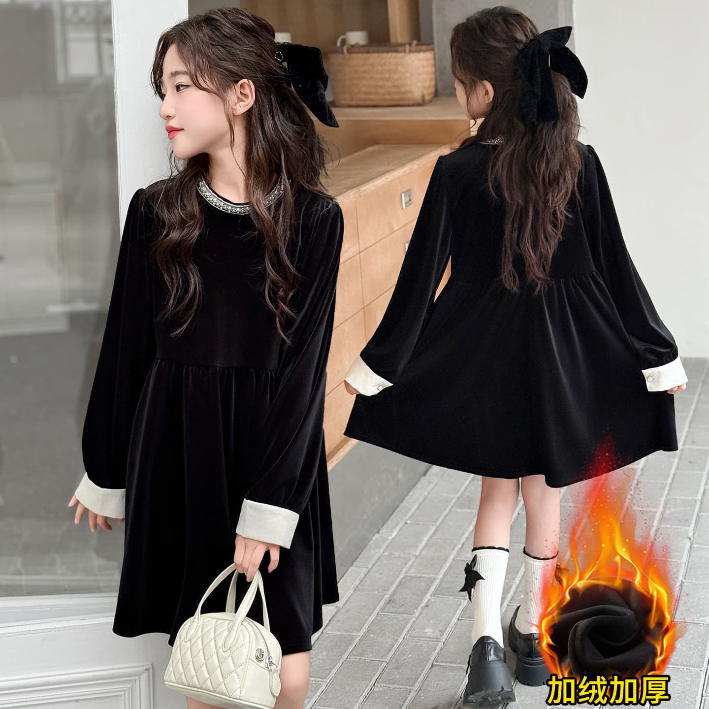 Luxury Chanel-Style Velvet Dress for Girls, Elegant Little Black Dress for Autumn/Winter, Coat Layering Dress, Plus Size