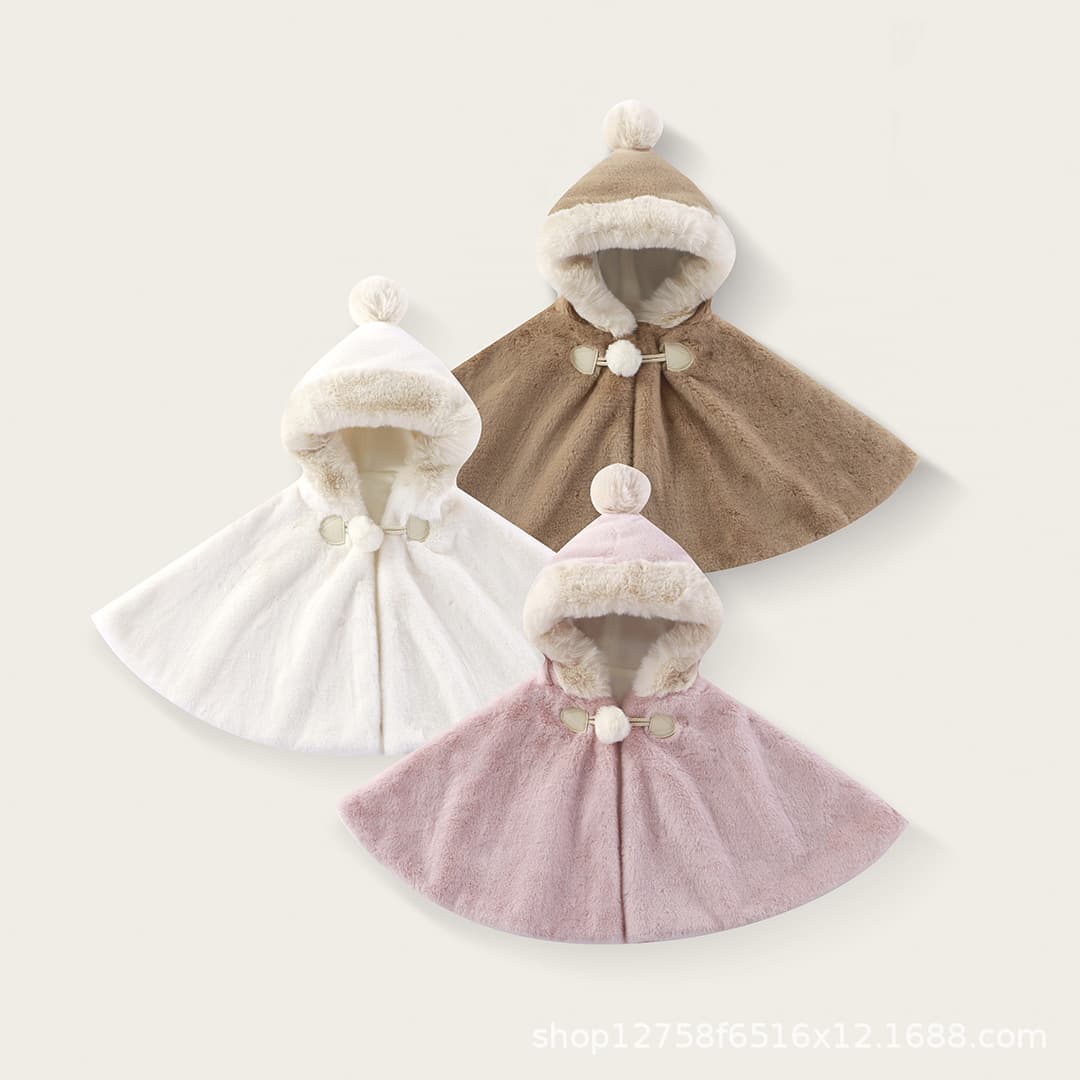 Girls' shawl cape, baby fleece-lined coat, thickened children's cape, warm top, plush coat