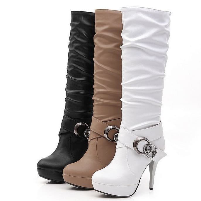 Spring/Autumn Korean-style Elegant Women's Ultra-High Heel Knee-High Boots with Rhinestone Belt Buckle, Fashion Boots in Black and White