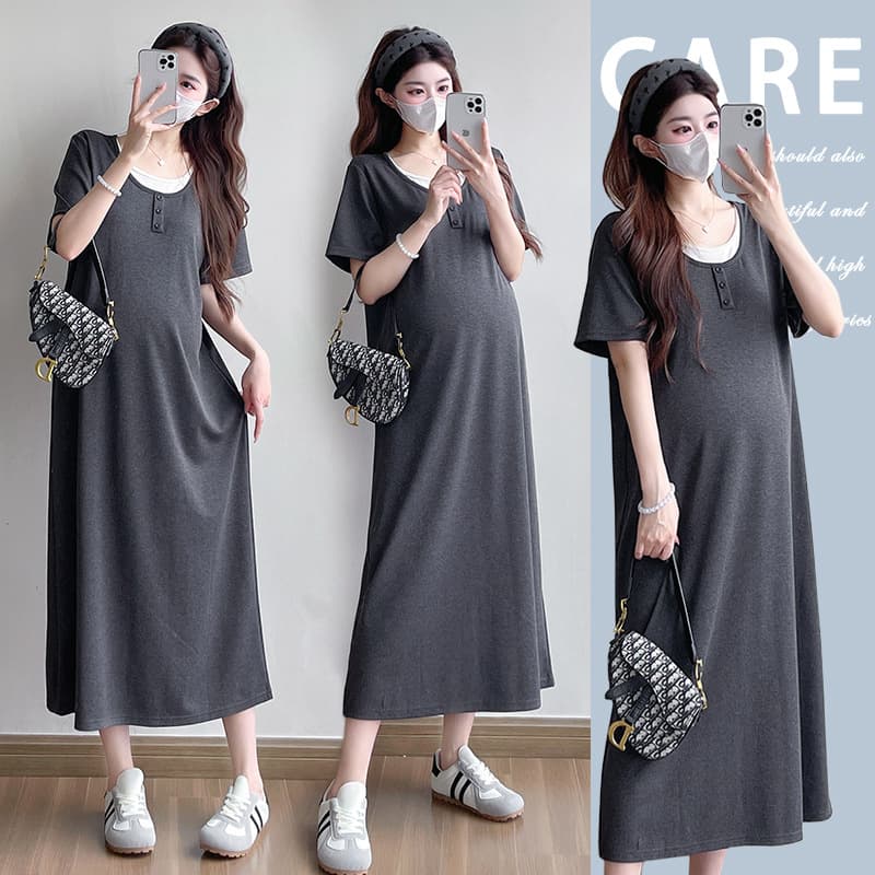 2026 Summer Maternity Dress Loungewear Style Faux Two-Piece New Korean Fashion Slimming Casual Maternity Long Dress