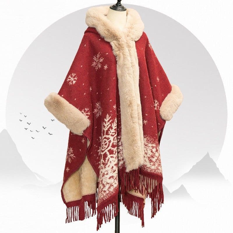 Shawl Cape Winter New Year Battle Attire Fleece-Lined Thick Large Fur Collar Cloak Coat Atmosphere Red Banquet Dress