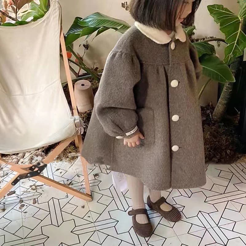 Girl's Wool Coat Winter New Korean Style Fashion Doll Collar Mid-Length Coat Small to Medium Kids Drop Shipping