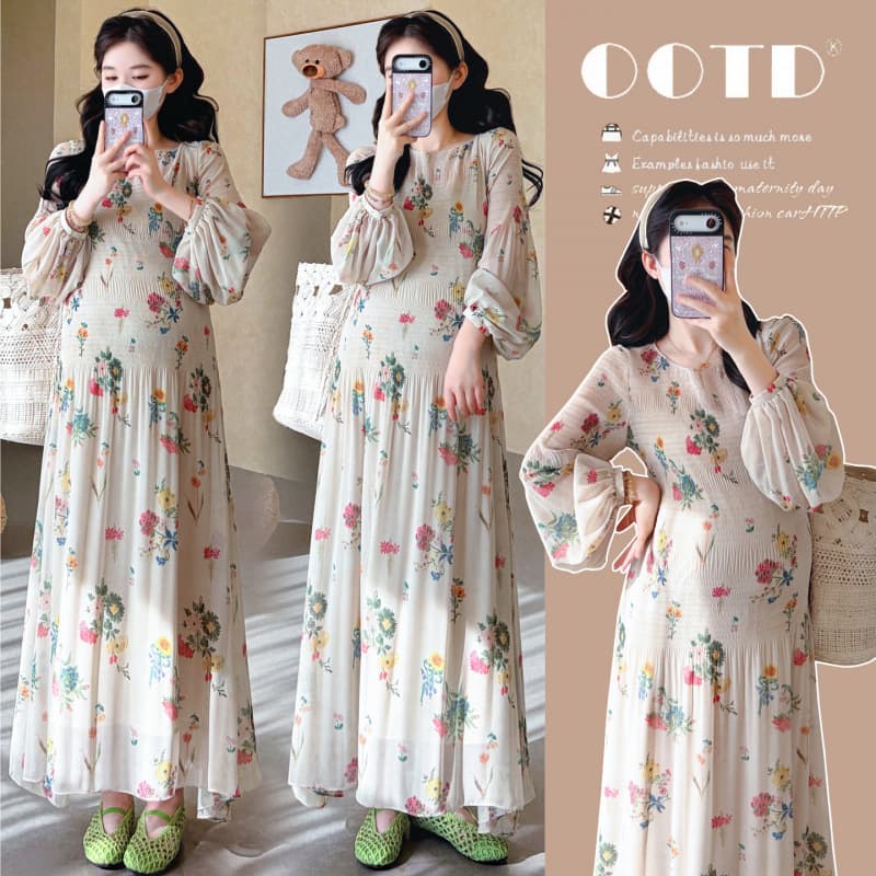 Real Shot of Maternity Wear Spring/Summer 2026 New French Pastoral Style Printed Heavy-Duty Pleated Chiffon Vacation Dress