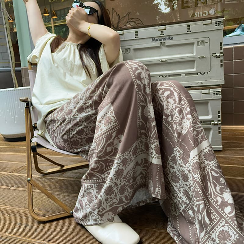 Summer New Cotton Silk Skirt Pants with Double Pockets, Women's Casual Slimming Loose Breathable Rayon Wide Leg Pants