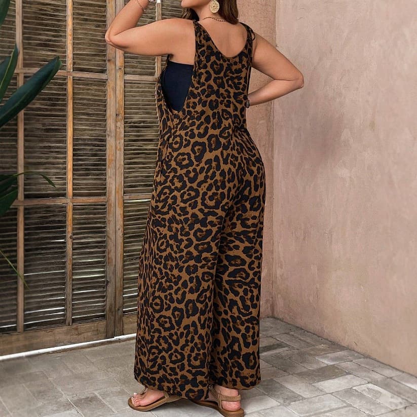 2025 Summer New Leopard Print Camisole Jumpsuit Plus Size Women Casual Loose Long Pants