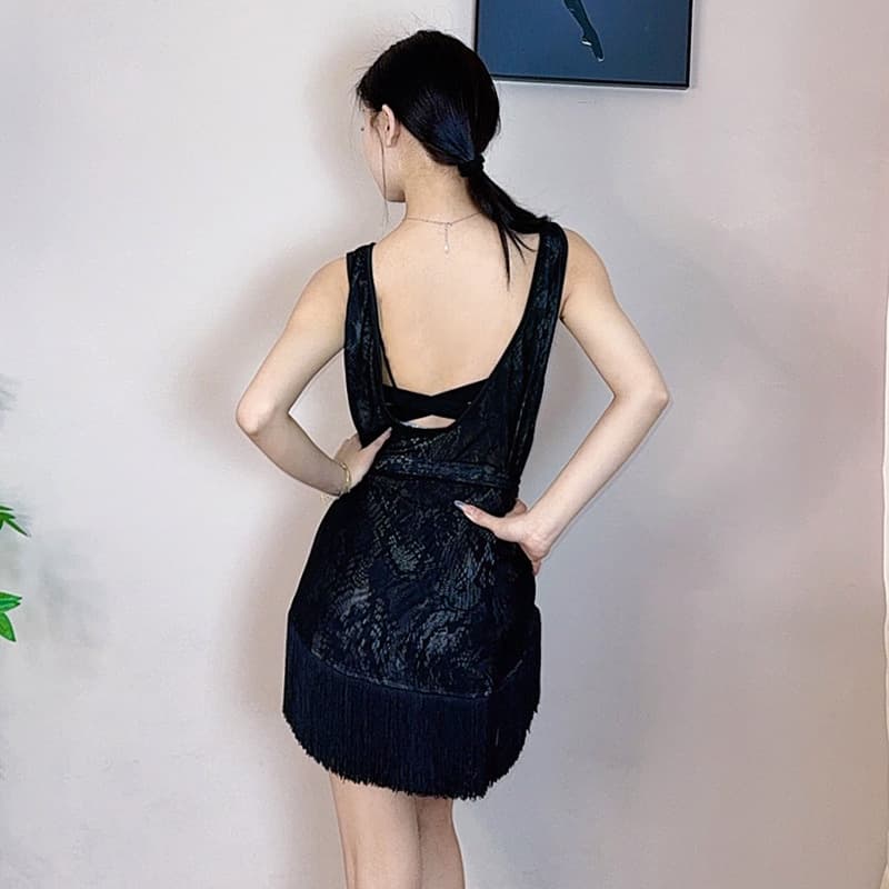 DZ Cross-border International Standard Latin Dance Loose Overlay Fringe Dress Double-layer Mesh Dance Practice Skirt for Women Adults