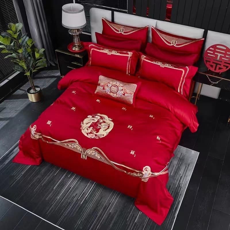 Bridal Chinese Luxury Wedding Long-Staple Cotton 4-Piece Set Embroidered Thick Bed Cover Bedding Double