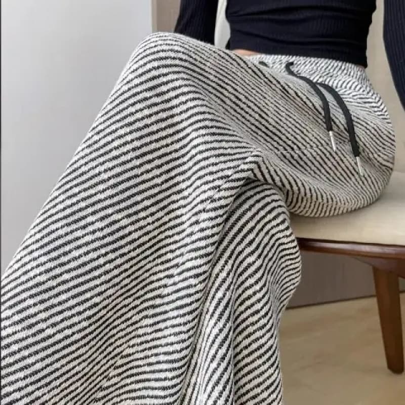 Casual Wide-Leg Pants Summer Thin Style Women's Pants Elastic High-Waist Slimming Loose Straight-Leg Pants Lazy Drawstring Diagonal Stripes