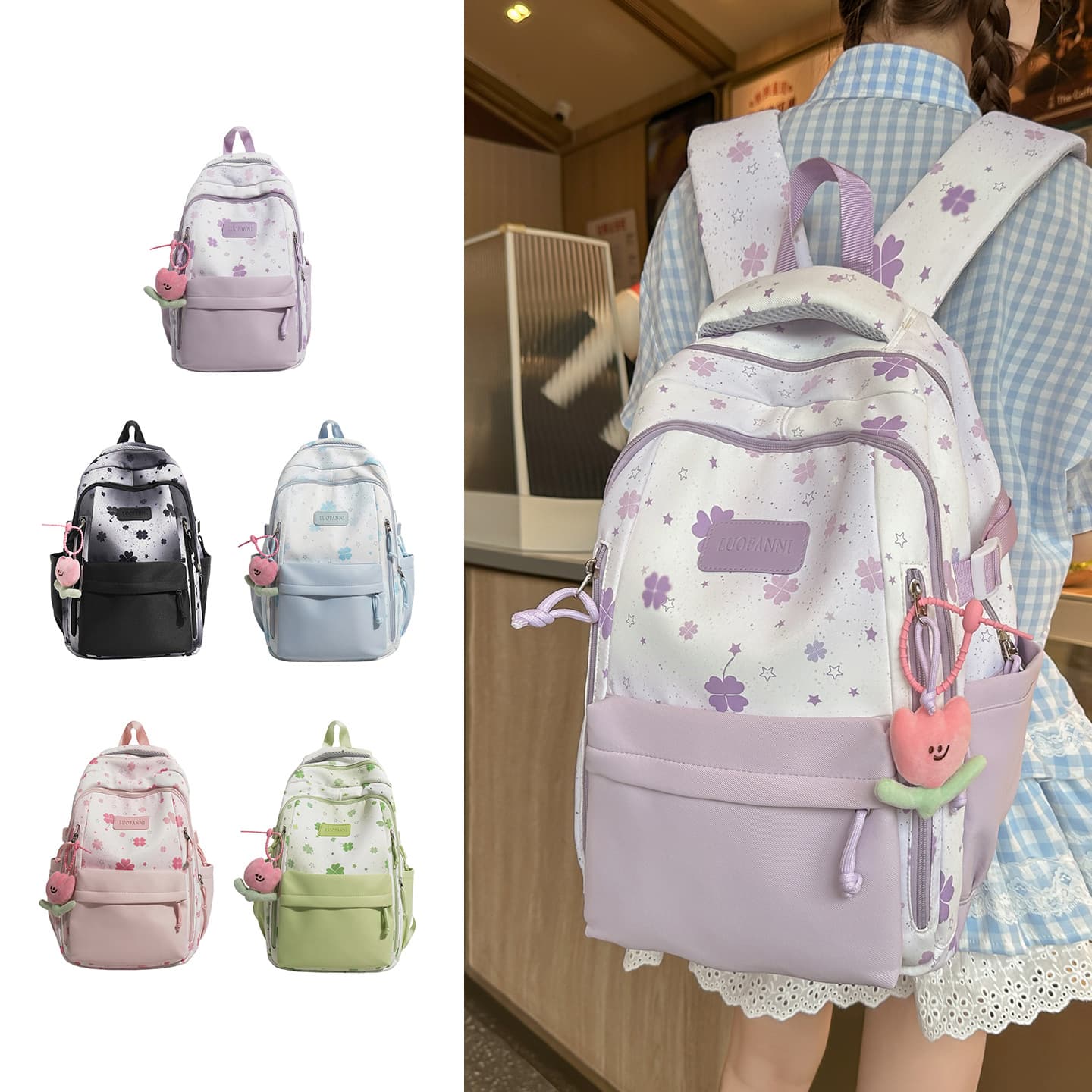 High-looking Japanese-style printed backpack, fresh forest-style high school college student bag, lightweight and burden-reducing large-capacity backpack