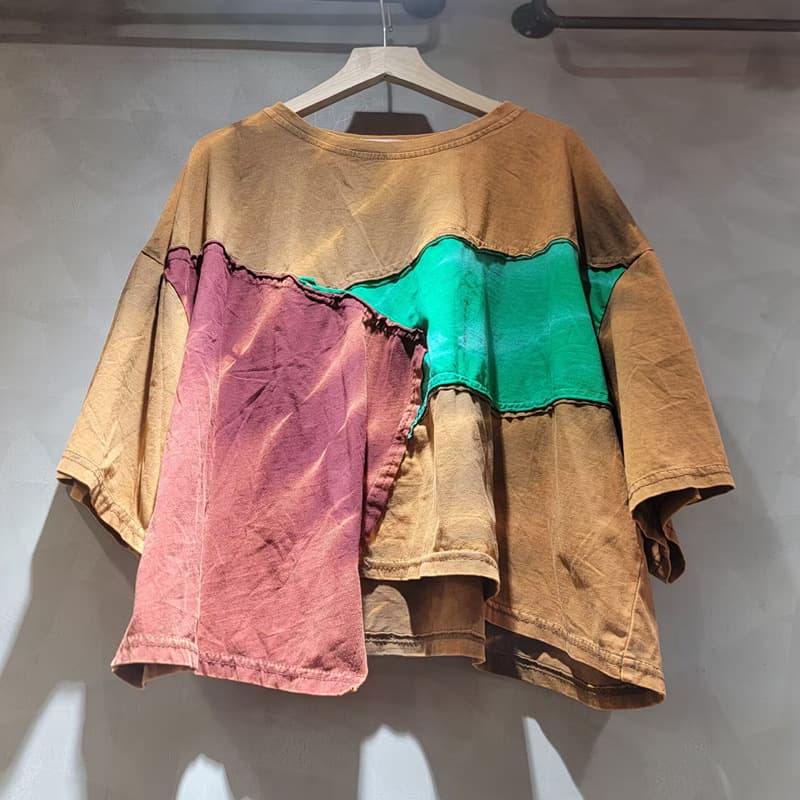 Retro irregular color-blocking splicing distressed T-shirt washed contrasting color loose large round neck mid-sleeve top