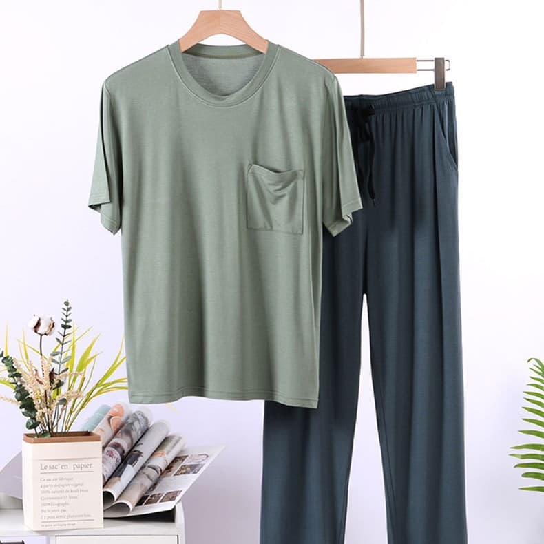 Men's Modal Sleepwear Set Short Sleeve Ice Silk Top and Loose Pants, Wearable Outside