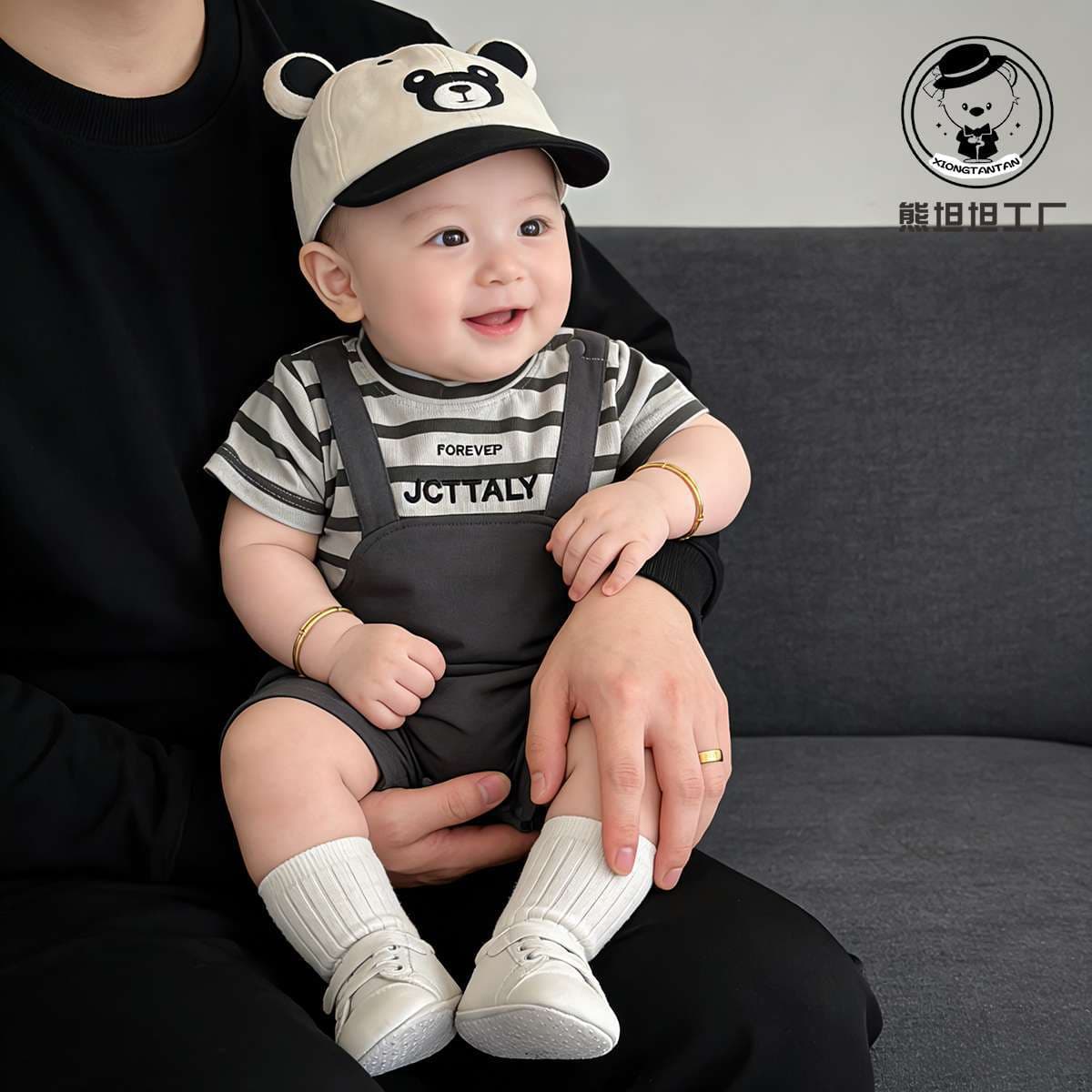 Baby jumpsuit summer clothes super cute baby clothes summer style Korean version men's fake two-piece short-sleeved outdoor clothes summer