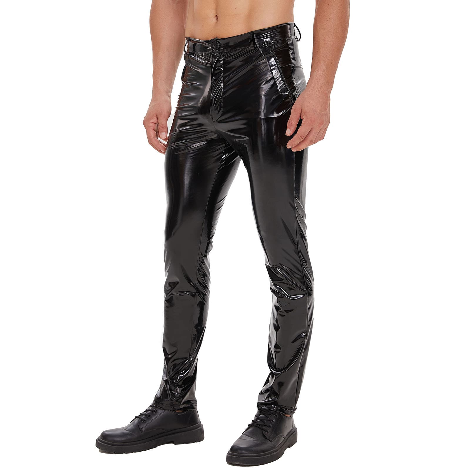 Cross-border Product European and American Men's Zip Fly PU Patent Leather Long Pants Casual Straight-Leg Shaping Trousers Accurate Sizing