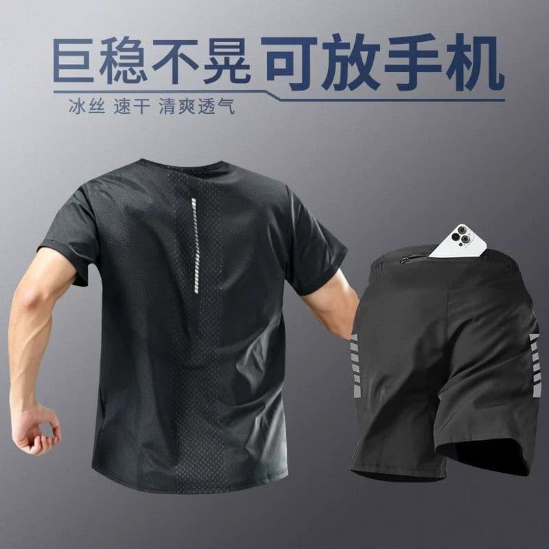 Men's Running Sport Suit with Phone Pocket, Summer Ice Silk Quick-Dry Short Sleeve and Shorts, Badminton Professional Fitness Wear