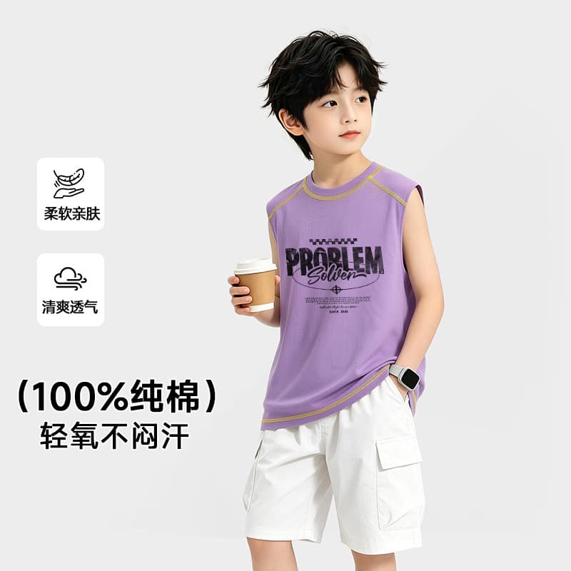 Boys' Vest Fashion Kids Pure Cotton Contrast Color Round Neck Sleeveless T-Shirt Active Sports Vest Breathable and Sweat-Absorbing