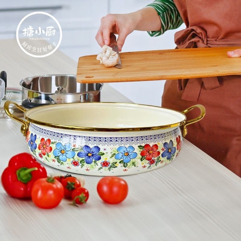 Enameled pot with lid, thickened enamel flat-bottomed pan, vintage-style household enamel noodle pan