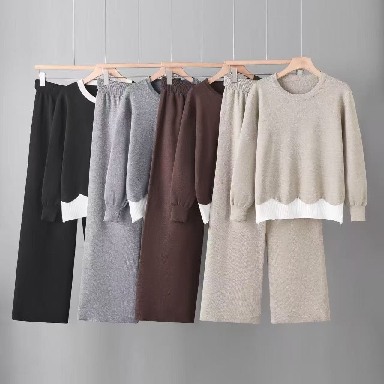 Faux Two-Piece Contrast Color Knit Set Women's Autumn Winter Loose Crew Neck Sweater with High-Waist Flowing Wide-Leg Pants Casual Two-Piece Set