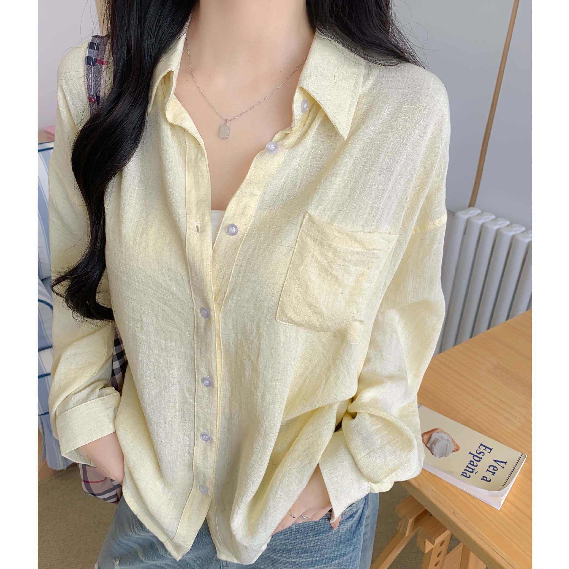 6001 Selected Korean Lazy Old Money Style Pocket Shirt for Women, Summer Thin Cardigan Jacket, Loose Long Sleeve Shirt