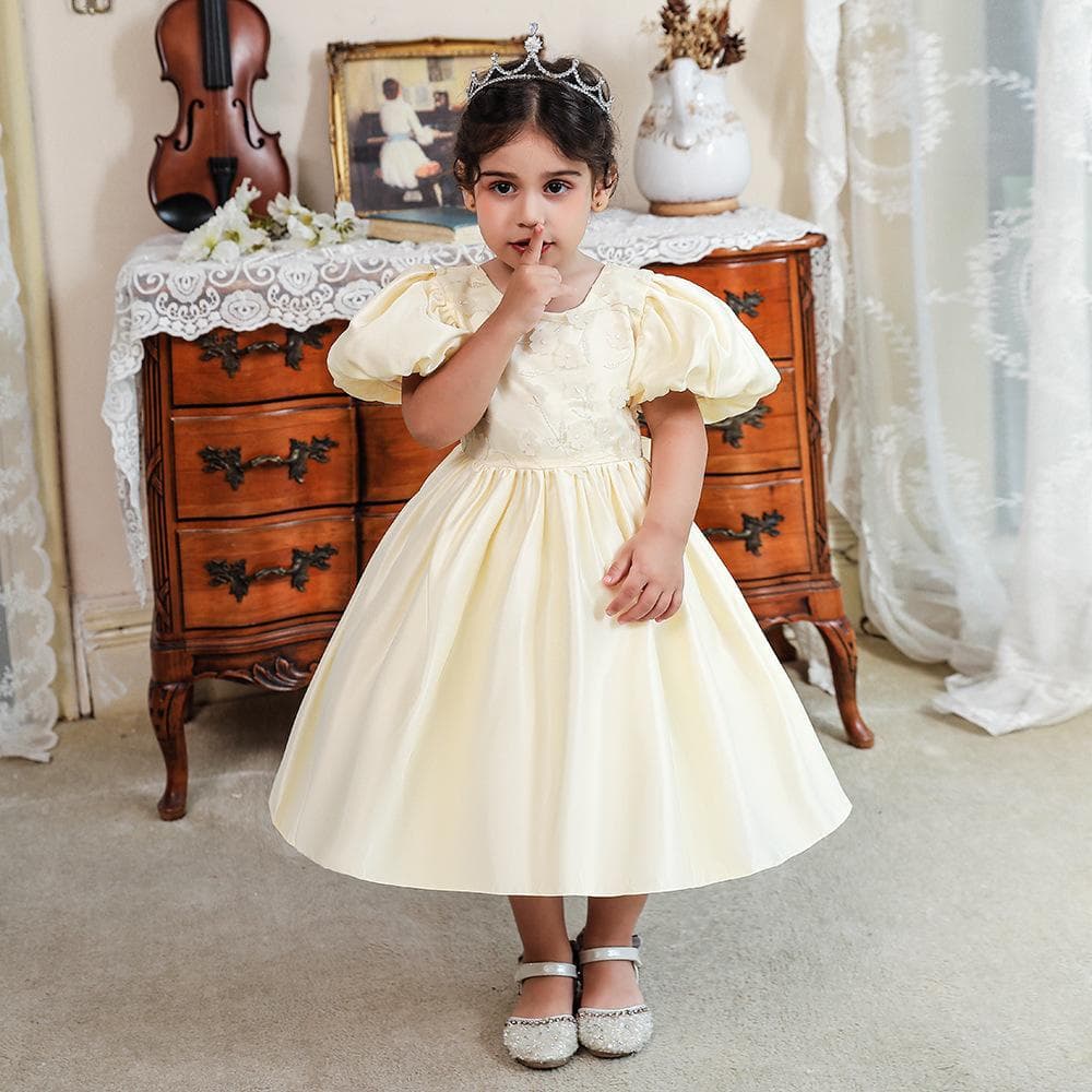 Girls Christening Gown Children's Satin Bubble Sleeve Skirt with Big Butterfly Flower Toddler Puffy Party Dress Princess Skirt
