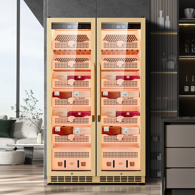 Qielong 680C Cigarette Cabinet with Precision Temperature and Humidity Control, Cedar Wood Inner Liner, WiFi, Compressor Refrigeration, and Ammonia Removal.