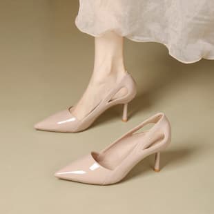 Nude Stunning Patent Leather Pointed Toe Thin Heel High Heels Women Elegant French Shallow Mouth Flats Low Heel Work Shoes