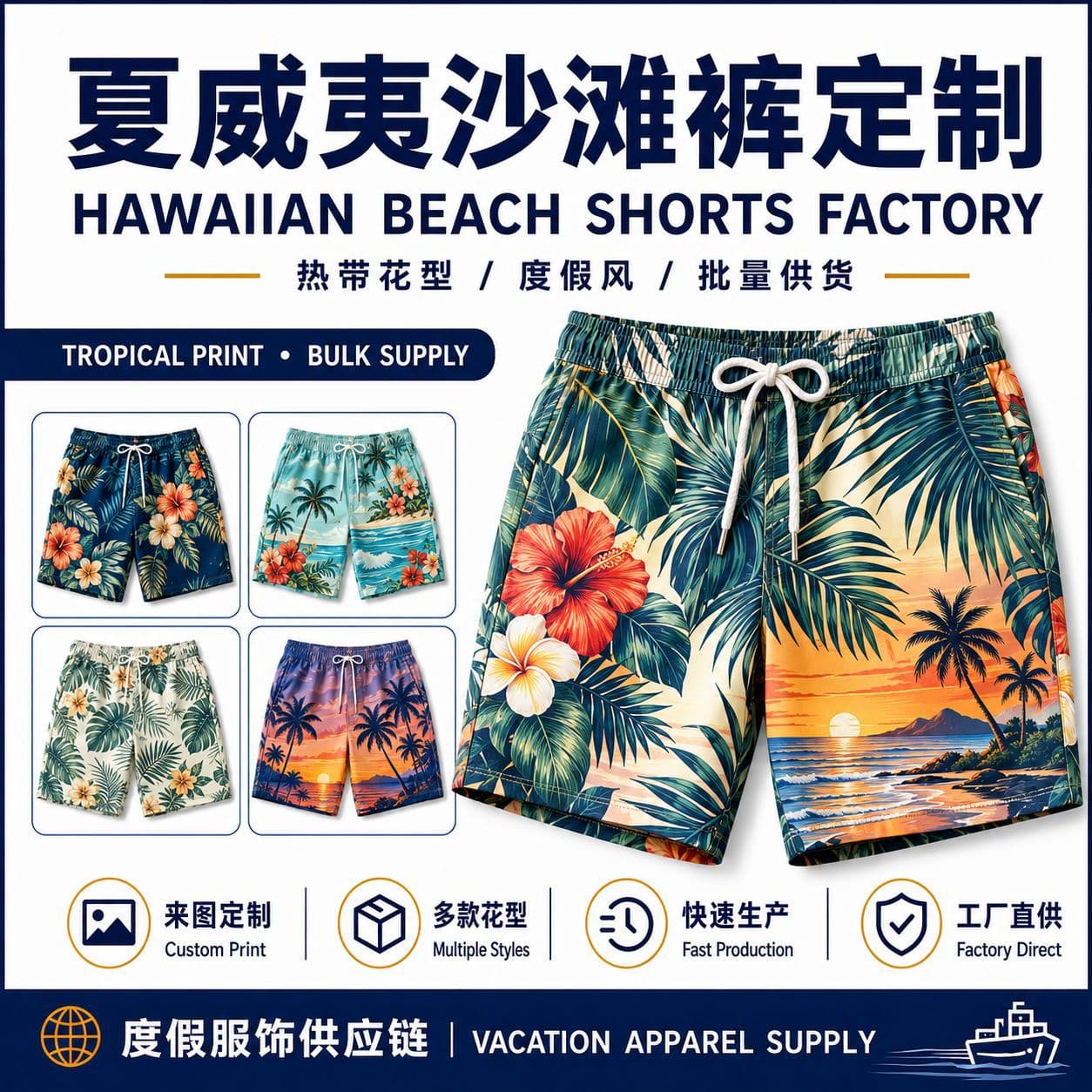Custom Hawaiian Beach Shorts Tropical Floral Vacation Shorts Bulk Supply