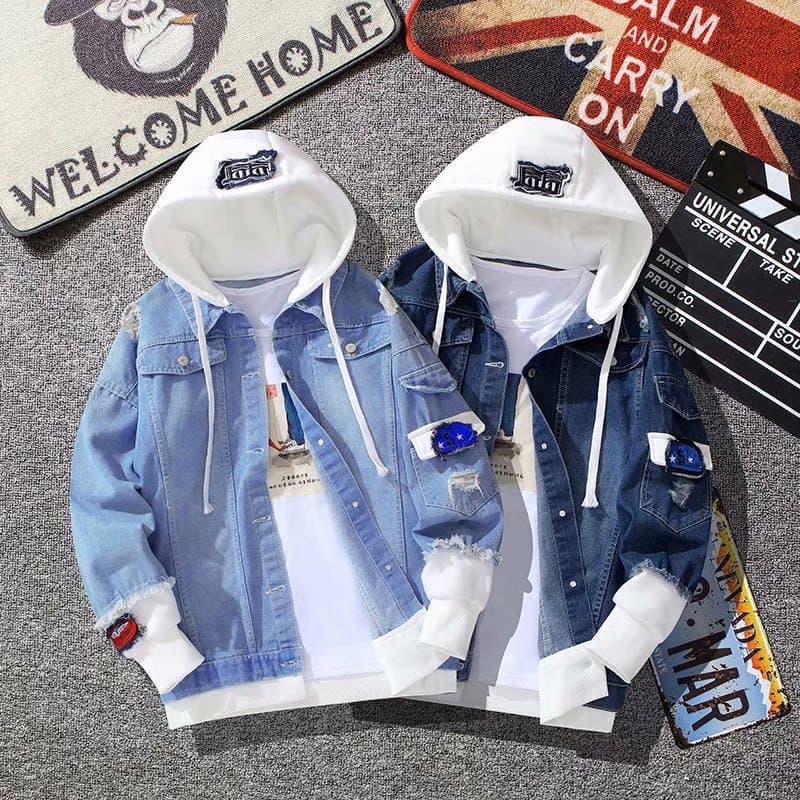Wow Customized Spring and Autumn Holiday Two-Piece Denim Jacket Korean Style Trendy Casual Versatile Splicing Loose Workwear Hooded
