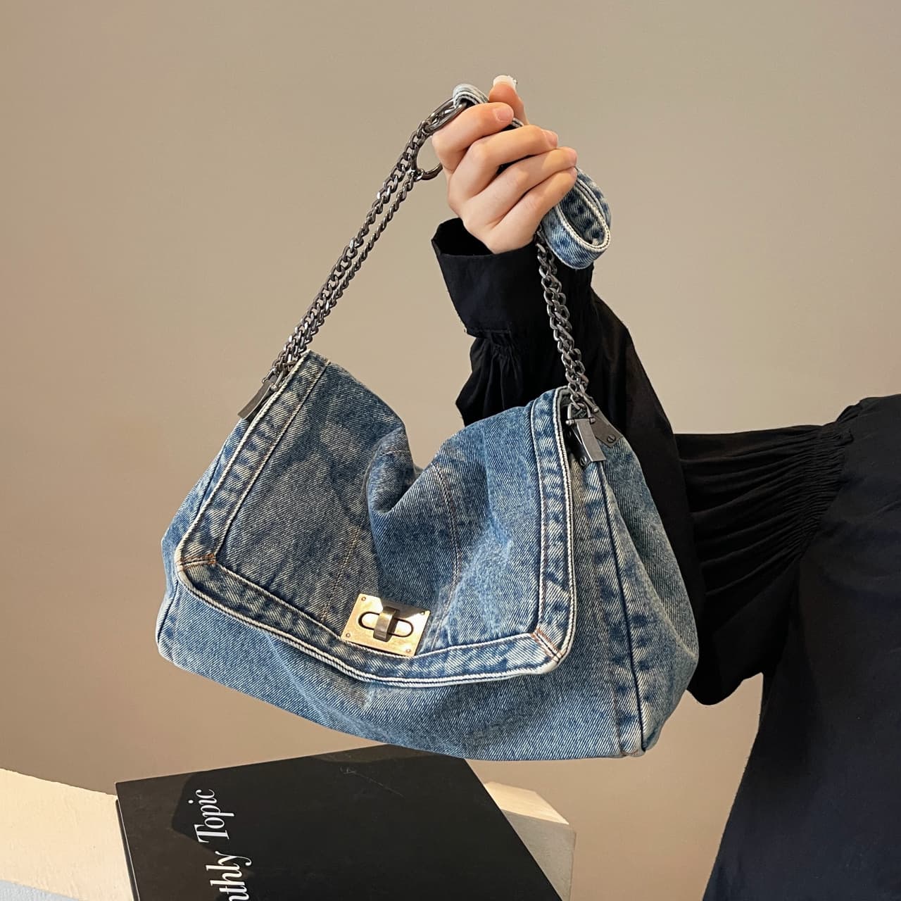 Cross-border Casual Denim Bag for Women 2025 New Style Lazy Shoulder Bag Large Capacity Chain Crossbody Tote Bag
