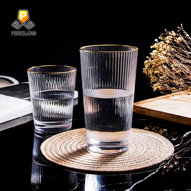 Ins European Style Vertical Grain Crystal Glass Water Cup, Household Juice Cup, Breakfast Cup, Gold Rim Wine Glass, Ribbed Rim Cup