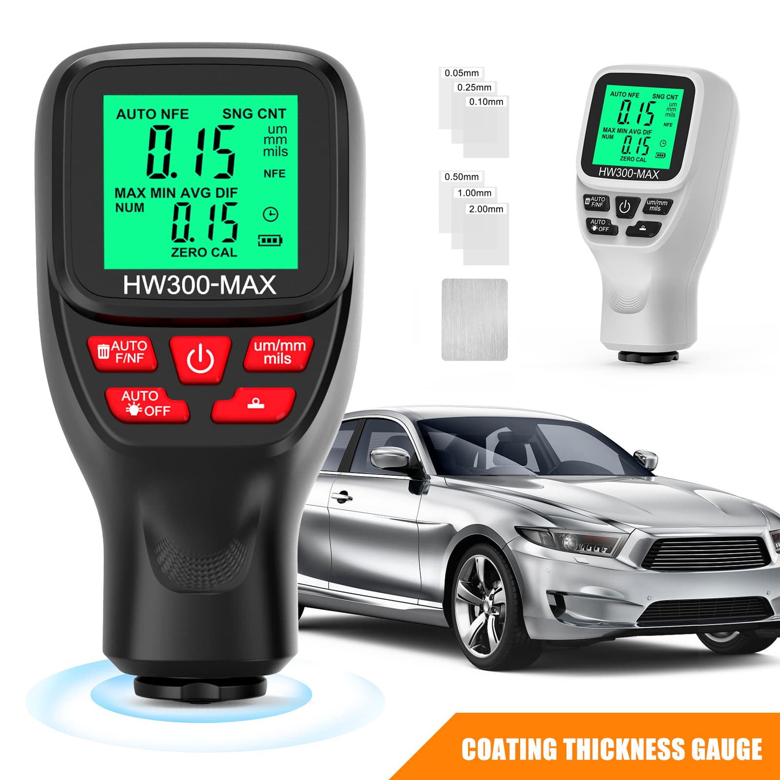 Coating Thickness Gauge, Anti-slip Paint Film Gauge, High Precision Automotive Paint Powder Layer Thickness Tester HW300-MAX