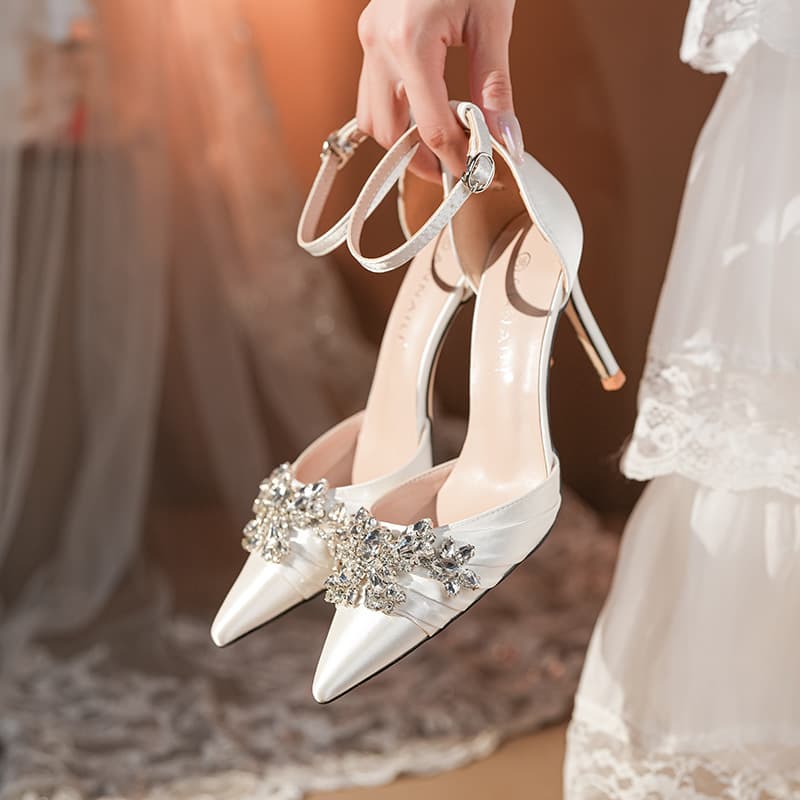 French High Heels Women's 2025 Silver Rhinestone Stiletto Elegant Wedding Bride Shoes Comfortable
