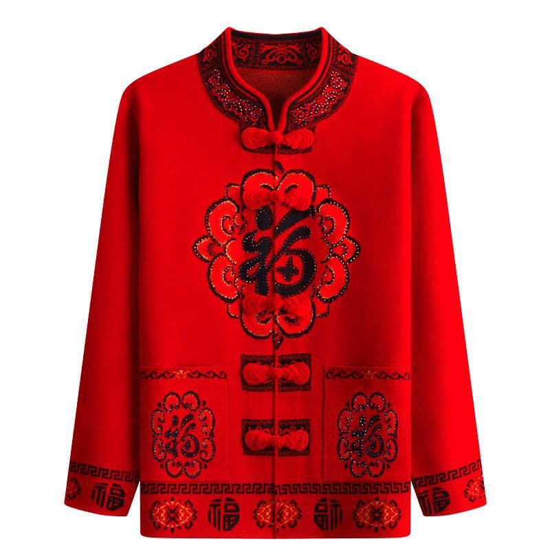 Women's sweater cardigan for middle-aged and elderly women, red "Fu" character Tang suit for mothers in their birth year, autumn top for mothers, spring clothes for grandmothers, elderly clothing