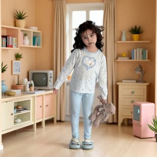 Girls' Thermal Long Sleeve Top and Pants Set New Plaid Top Cartoon Cute Kids' Homewear Children's Set Trendy