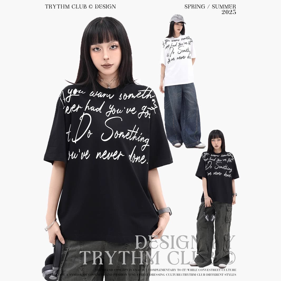 TRYTHMCLUB Summer Short Sleeve Unisex Couple American Handwritten Letter Print Round Neck Fitted T-Shirt Top