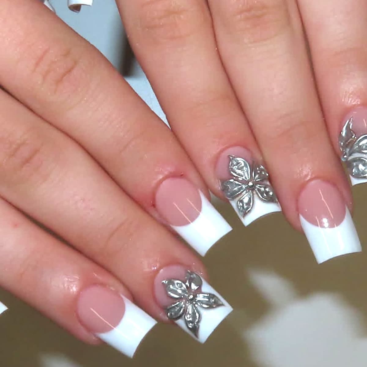 Medium Square White French 3D Raised Gel Flower Silver Mirror Powder Removable Fake Nails