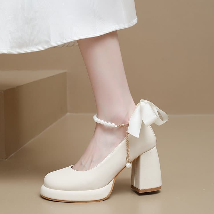 High Heel Pumps for Women 2026 Spring Summer New Platform Chunky Heel Pearl Mary Jane Shoes for Petite Bridal