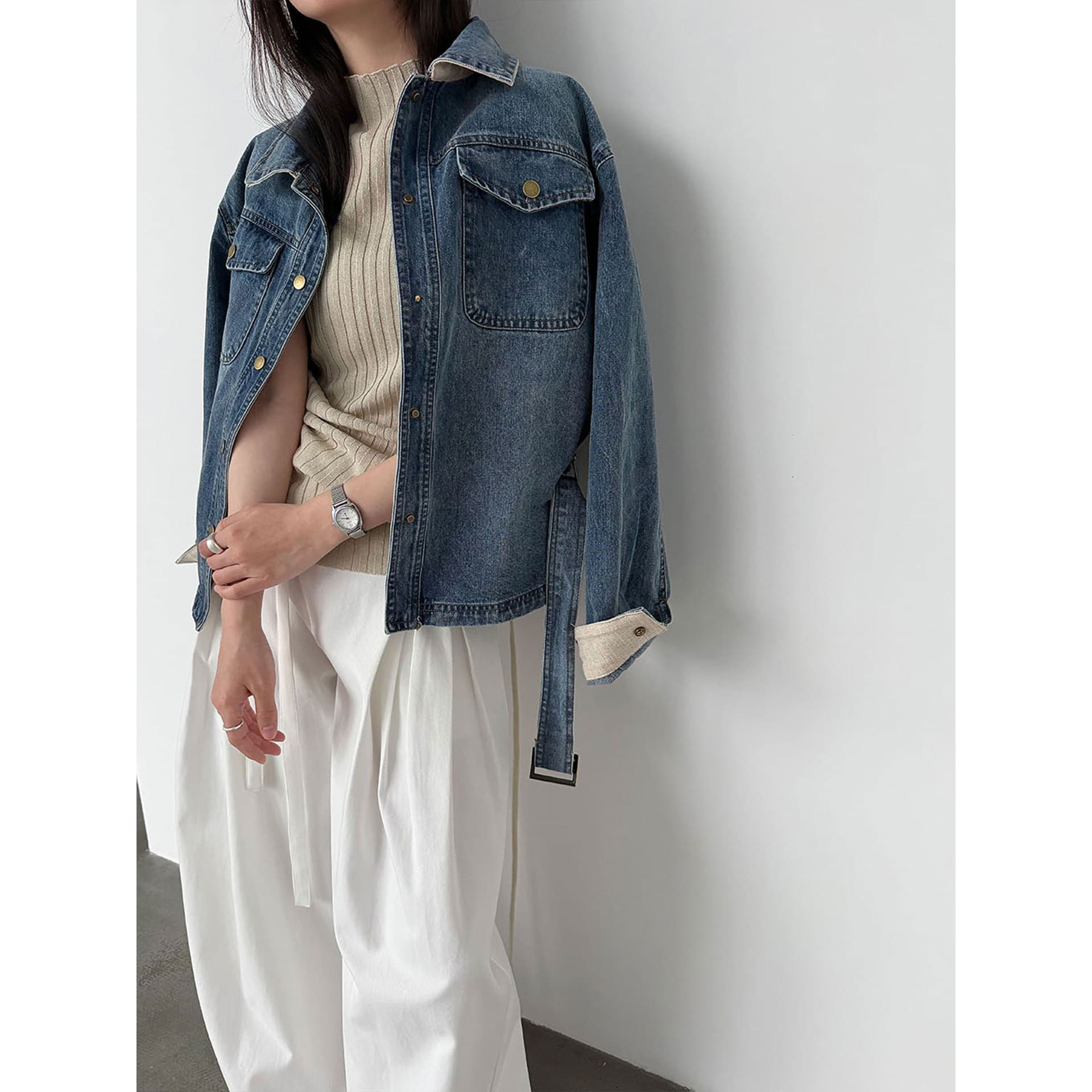 Luxi Vintage Washed Denim Jacket for Women 2026 Spring New Turn-down Collar Tie-waist Jacket Top 87007