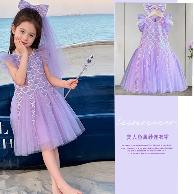 Summer Mermaid Princess Dress for Kids, Birthday Gift with Veil, Performance Costume, Little Girl Mermaid Dress