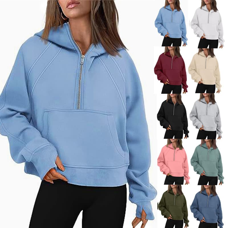 2026 autumn and winter AliExpress Amazon new fashion casual sports half-zip hooded short velvet sweatshirt