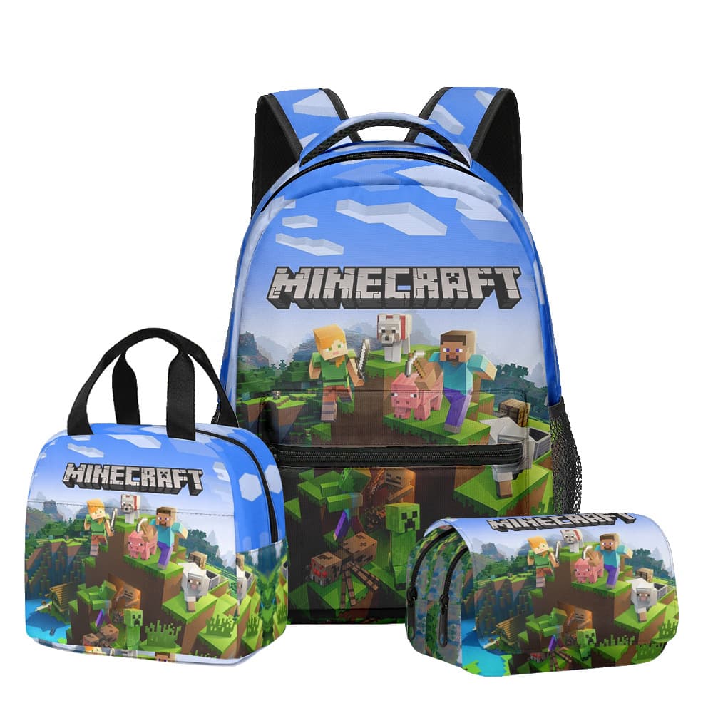 3D new product Minecraft primary and secondary school students schoolbag backpack lunch bag double-layer pencil bag three-piece set