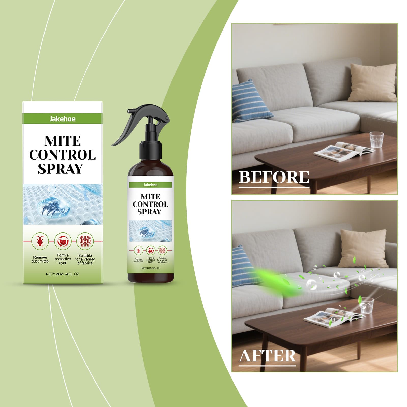 JAKEHOE Anti-Mite Spray, for bedroom, sofa, and bedding care, quick evaporation, no residue, multi-scene mite removal spray.