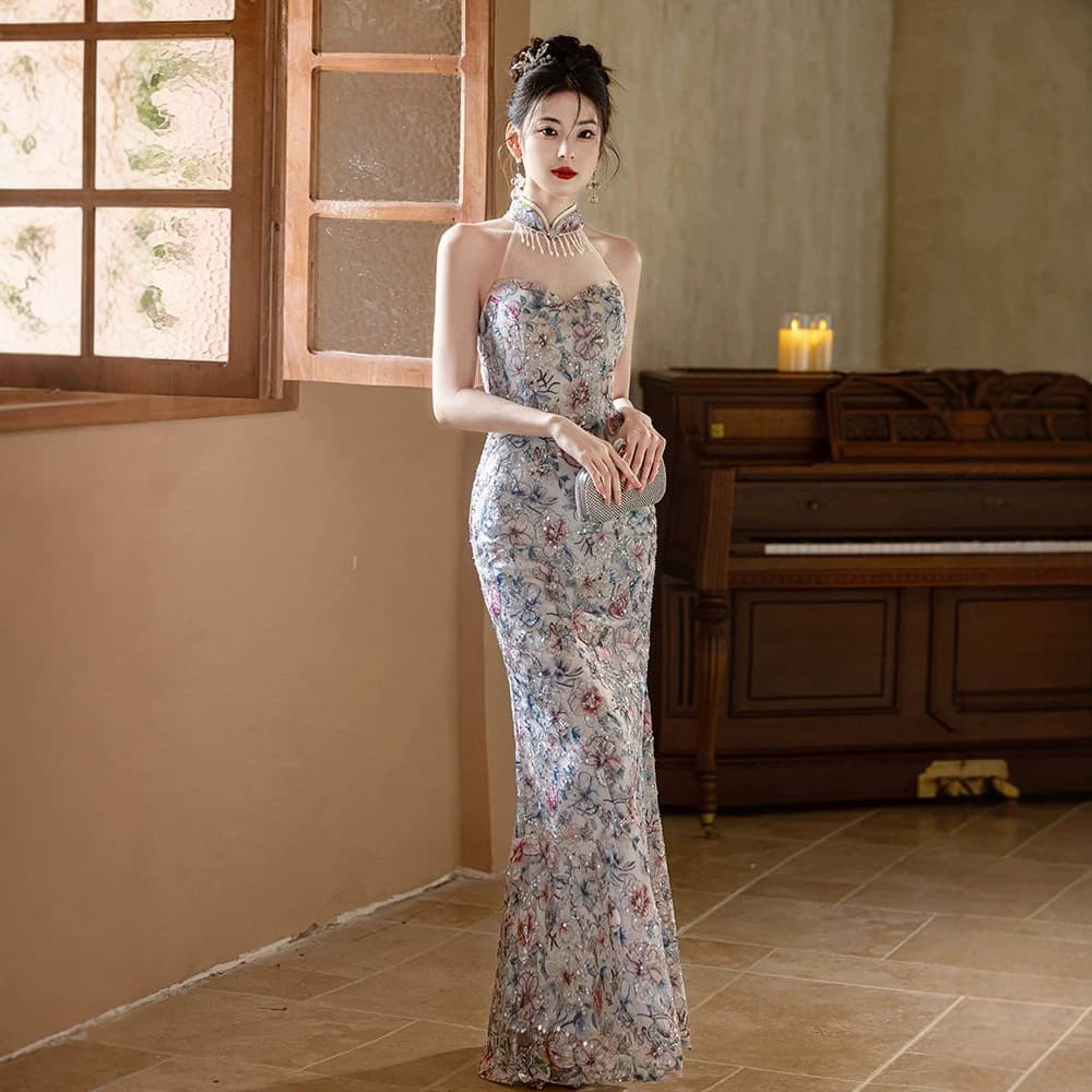 New Chinese style cheongsam evening dress sexy halterneck sequins high-end light luxury niche high-end banquet adult dinner flash