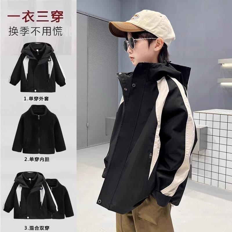 Boys' 3-in-1 Fleece-Lined Thickened Jacket Autumn Winter Cool Handsome Middle and Big Kids Trendy Outerwear