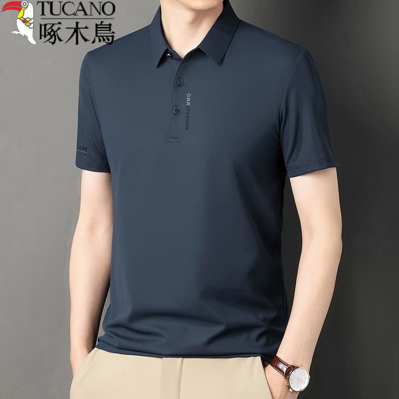 Woodpecker Men's Short Sleeve T-Shirt Mulberry Silk Polo Shirt Summer Turn-Down Collar Half Sleeve Middle-Aged Solid Color Casual Ice Silk Tee