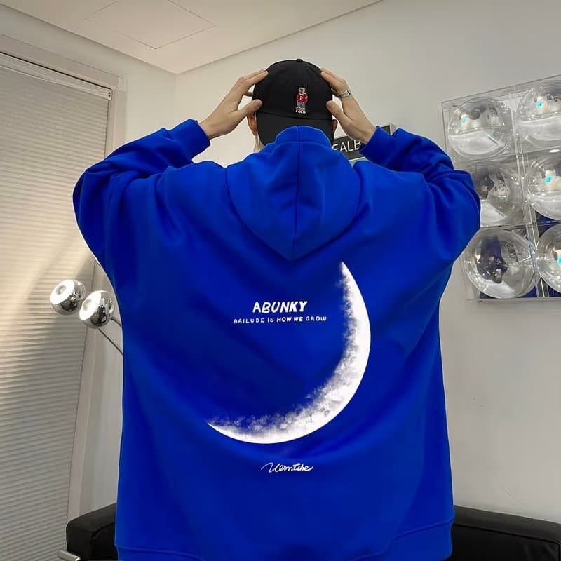 Men's Hoodie with Moon Print, Autumn New Style, Ins Loose Fit, American Streetwear, Klein Blue Jacket