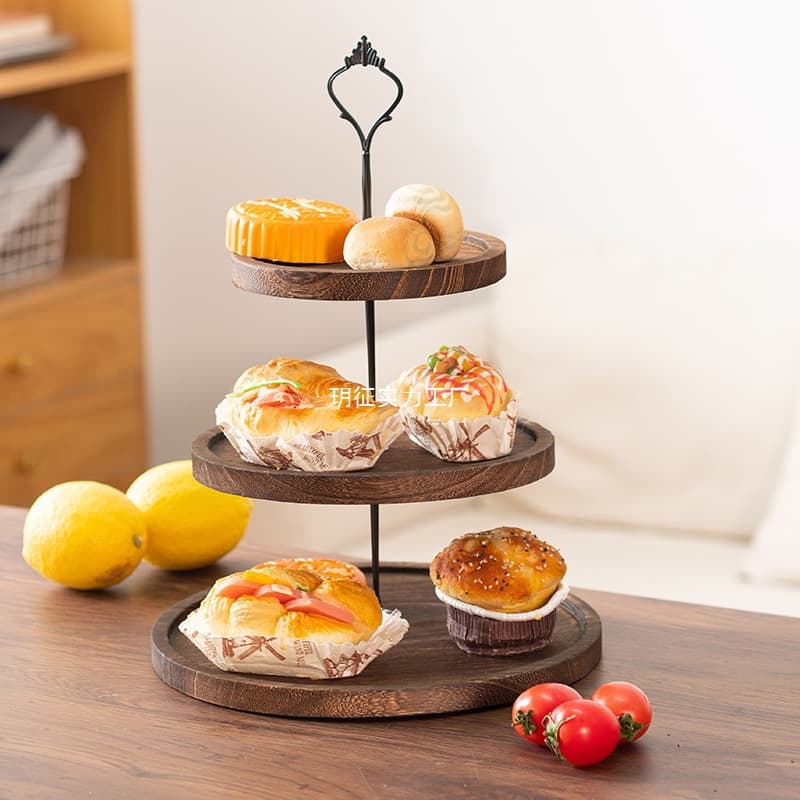 Cross-border Home Multi-layer Dessert Stand Wooden Double-layer Cake Tray Tabletop Decorative Display Stand Round Serving Tray