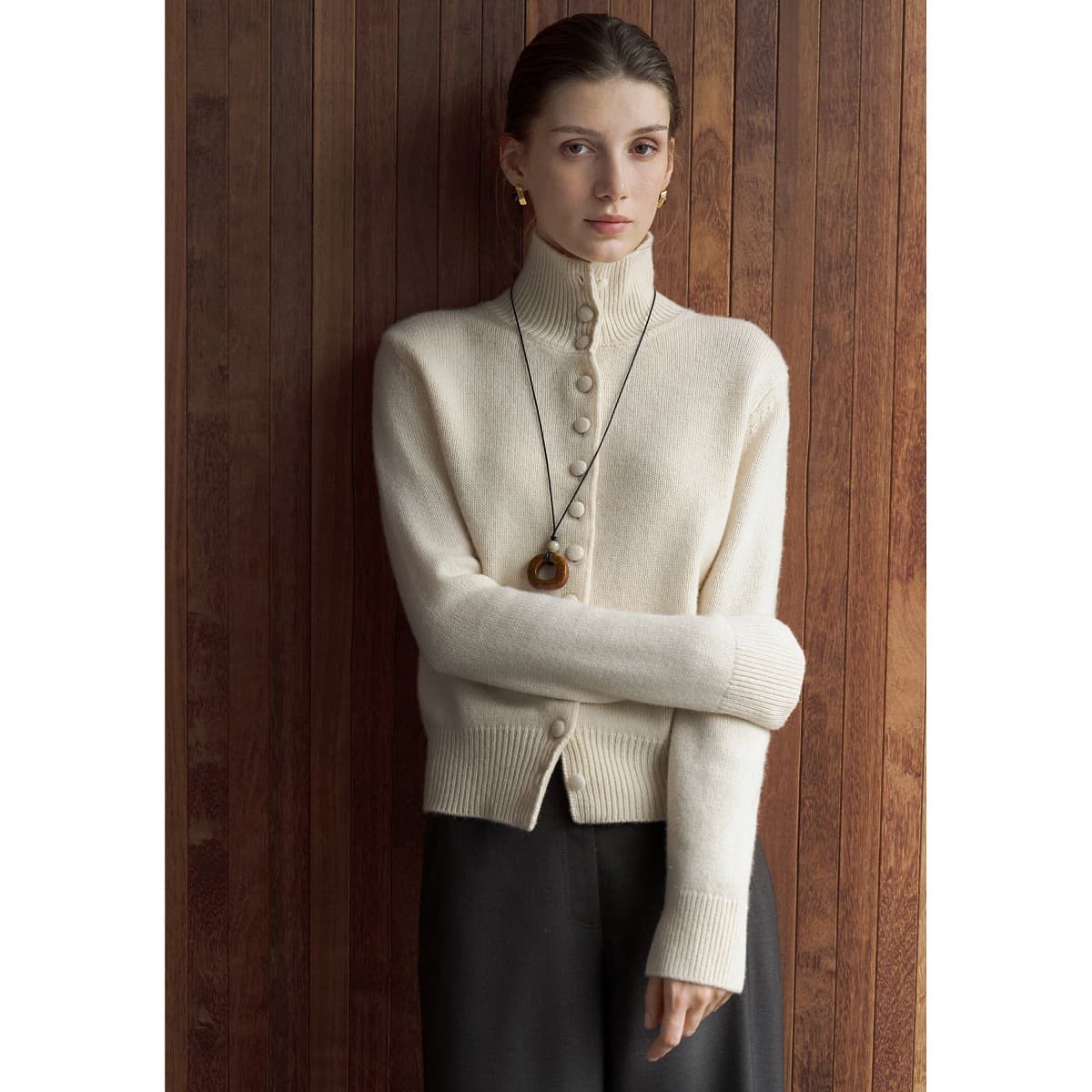 JANSAN wool handmade button stand collar reversible slightly loose knit cardigan for women.