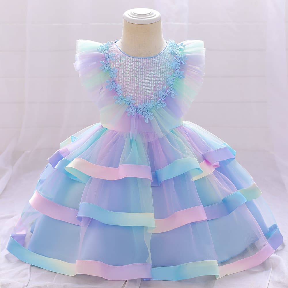 Girls' Formal Dress 2026 Children's Rainbow Sequined Tulle Skirt Stylish Princess Dress for Festival Performance Costume In Stock