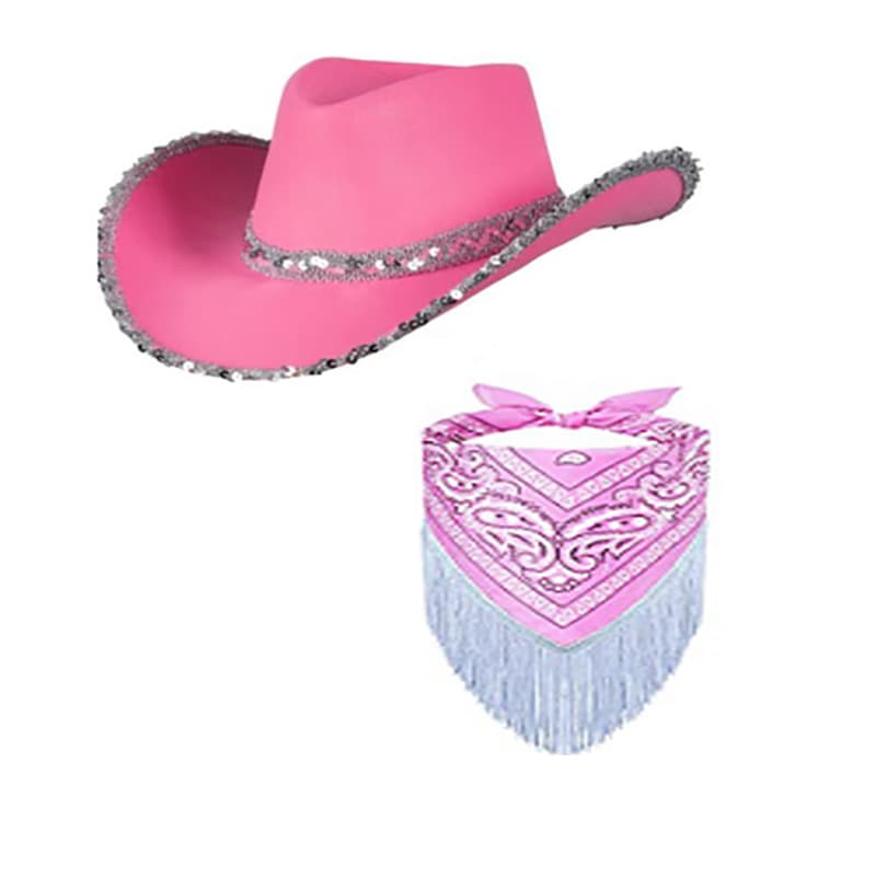 Black Pink Glitter Western Large Brim Cowboy Hat Party Supplies Non-woven Fabric Five-pointed Star Sequin Hat 2-piece Set