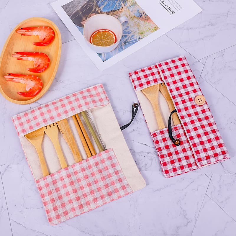 Nordic Style Bamboo Western Cutlery Knife, Fork, Spoon Portable Tableware Set Storage Bag Outdoor Travel Bamboo Cutlery Bag